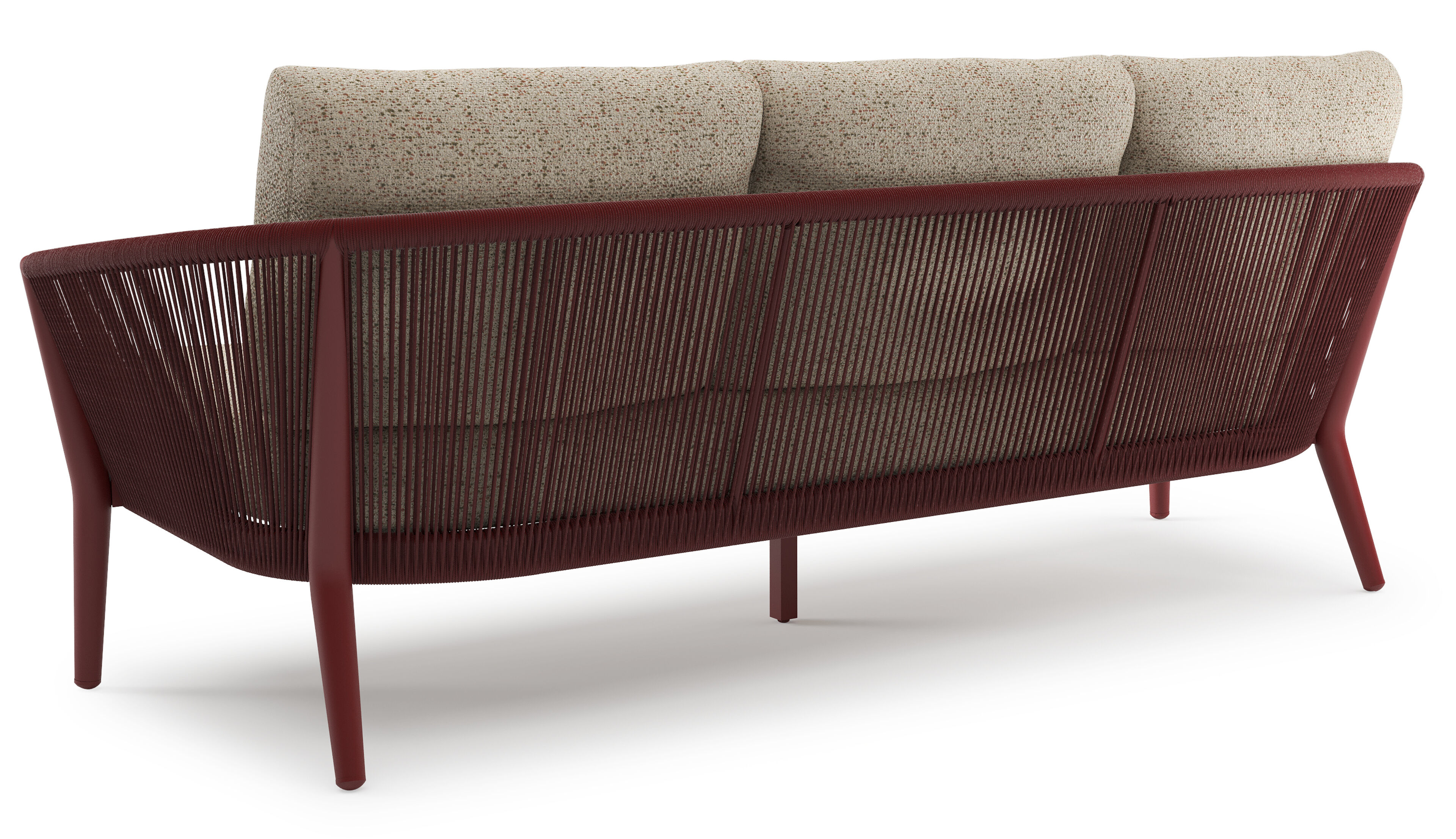 Orso loungeset in ruby aluminium en ruby verticaal geweven ronde rope met Bora Jungle all weather cosytica kussen