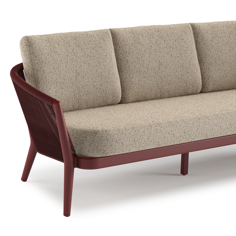 Orso loungeset in ruby aluminium en ruby verticaal geweven ronde rope met Bora Jungle all weather cosytica kussen