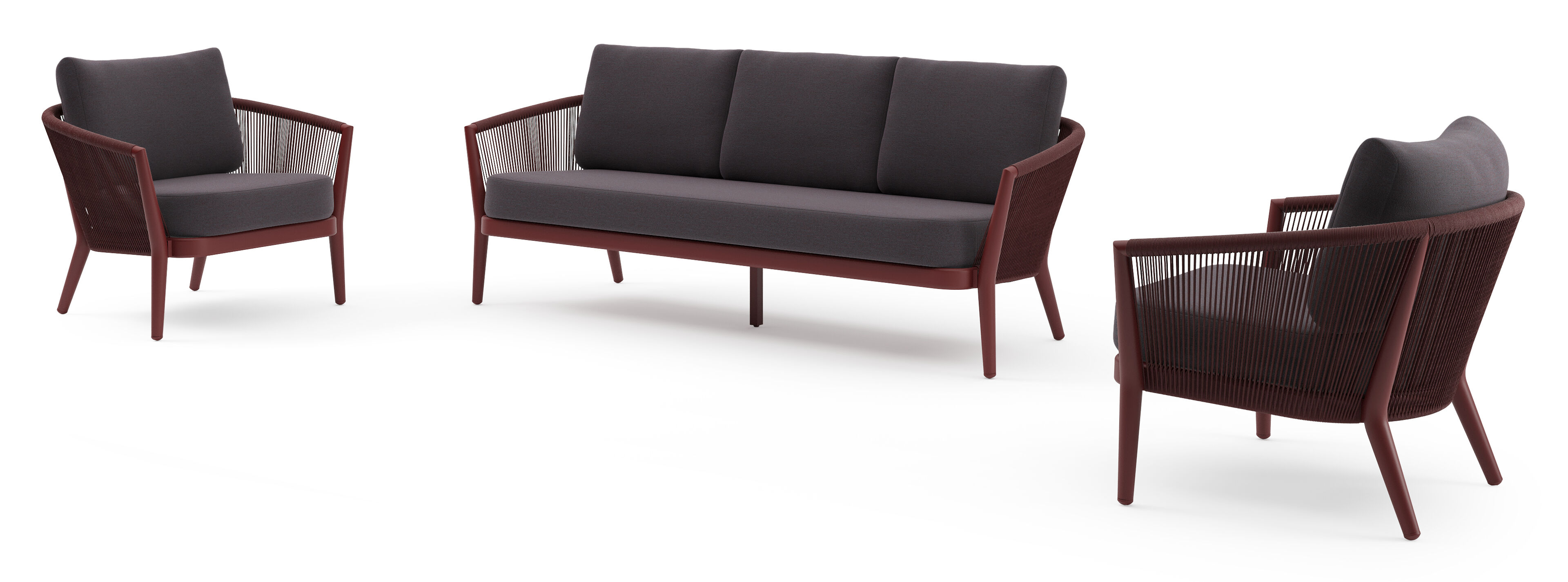 Orso loungeset in ruby aluminium en ruby verticaal geweven ronde rope met Tundra Red all weather sunbrella® luxe kussen