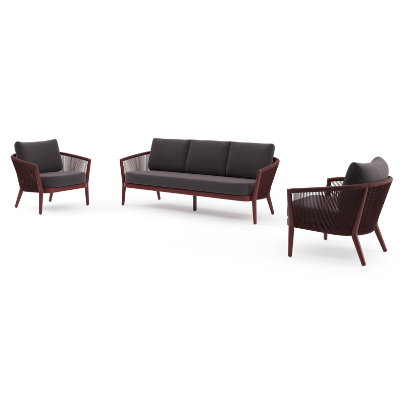 Orso loungeset in ruby aluminium en ruby verticaal geweven ronde rope met Tundra Red all weather sunbrella® luxe kussen