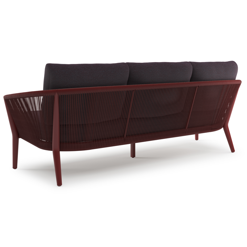 Orso loungeset in ruby aluminium en ruby verticaal geweven ronde rope met Tundra Red all weather sunbrella® luxe kussen