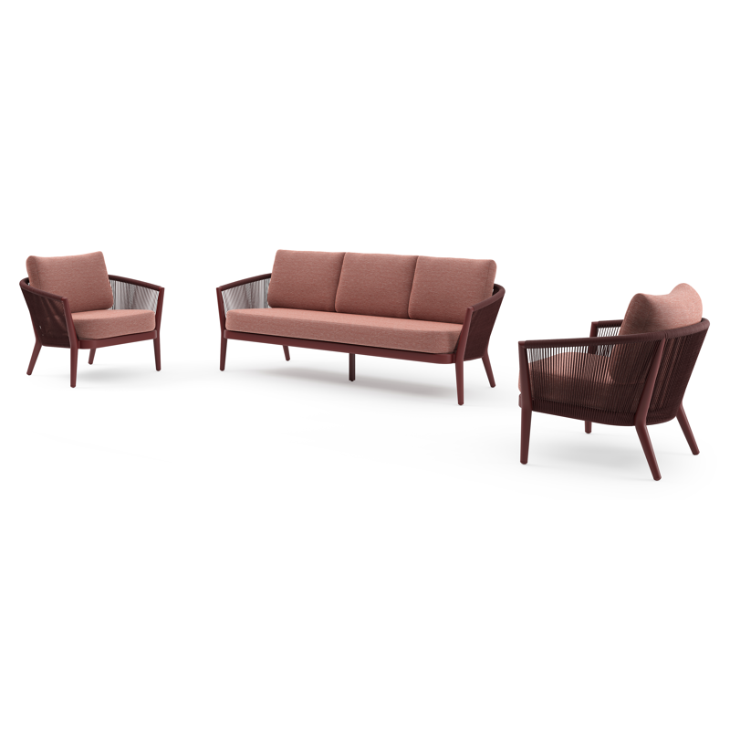 Orso loungeset in ruby aluminium en ruby verticaal geweven ronde rope met Slow Alezan all weather sunbrella® luxe kussen
