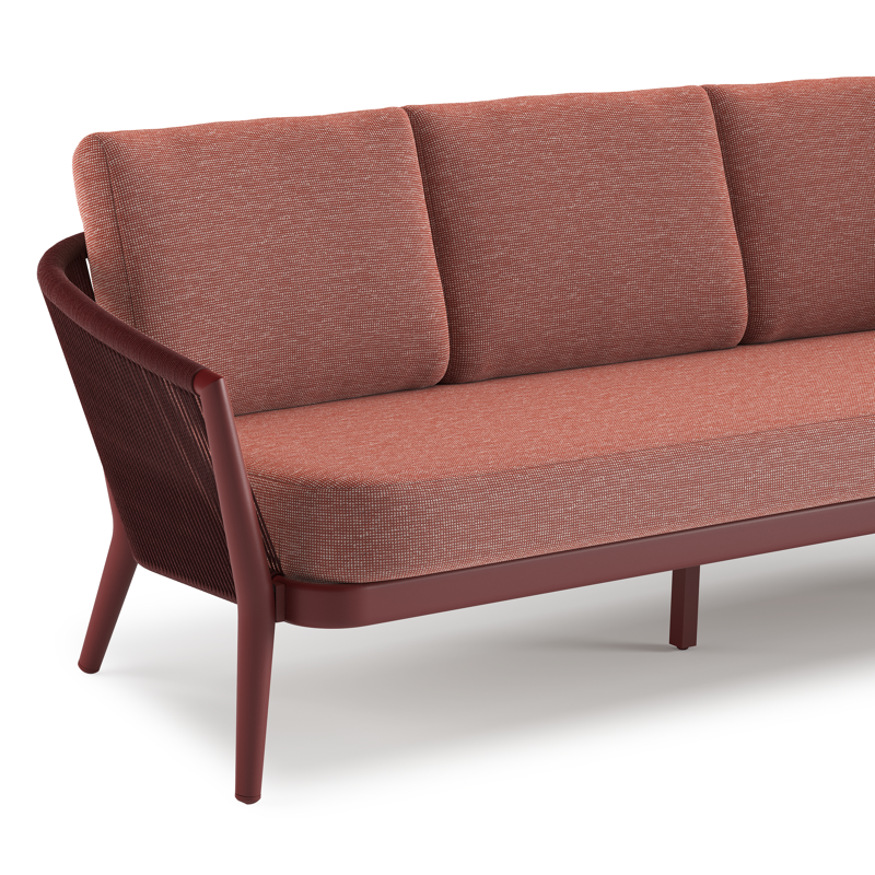 Orso loungeset in ruby aluminium en ruby verticaal geweven ronde rope met Slow Alezan all weather sunbrella® luxe kussen