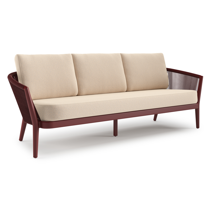 Orso loungebank in ruby aluminium en ruby verticaal geweven ronde rope met Heritage Papyrus all weather sunbrella® luxe kussen