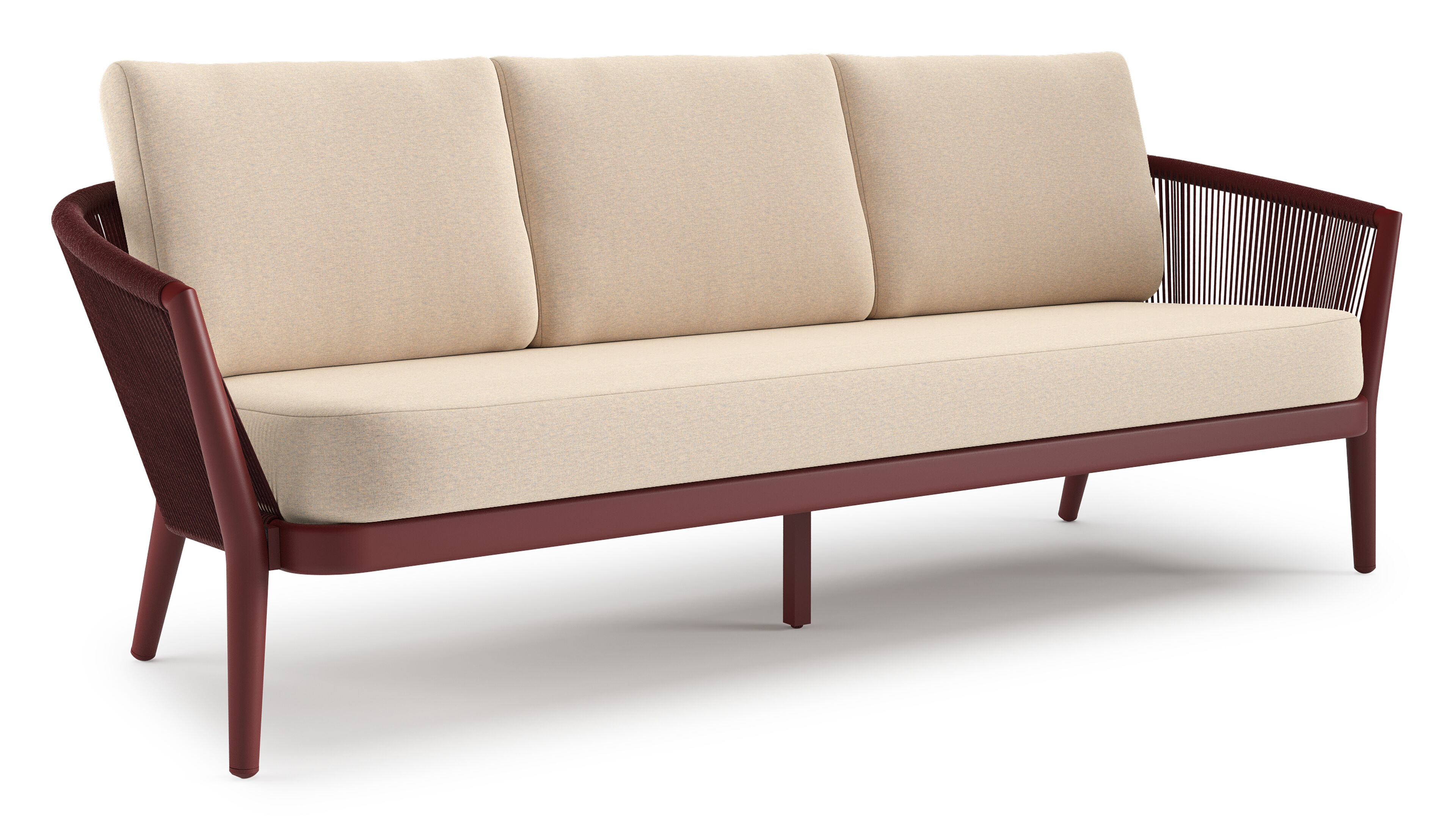 Orso loungebank in ruby aluminium en ruby verticaal geweven ronde rope met Heritage Papyrus all weather sunbrella® luxe kussen