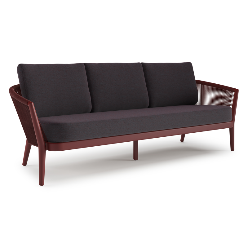 Orso loungebank in ruby aluminium en ruby verticaal geweven ronde rope met Tundra Red all weather sunbrella® luxe kussen