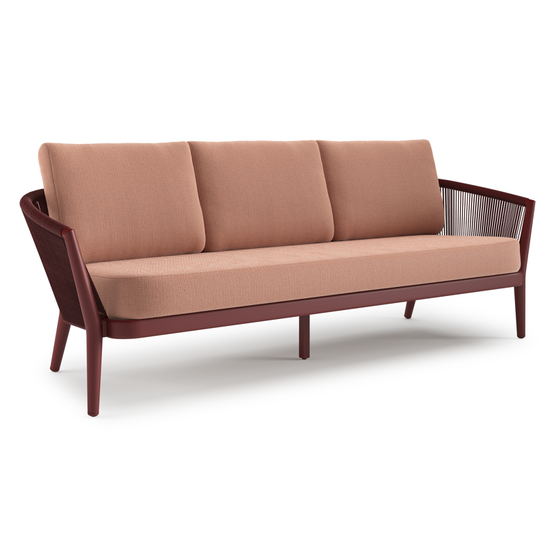 Orso loungebank in ruby aluminium en ruby verticaal geweven ronde rope met Lopi Fawn all weather sunbrella® luxe kussen