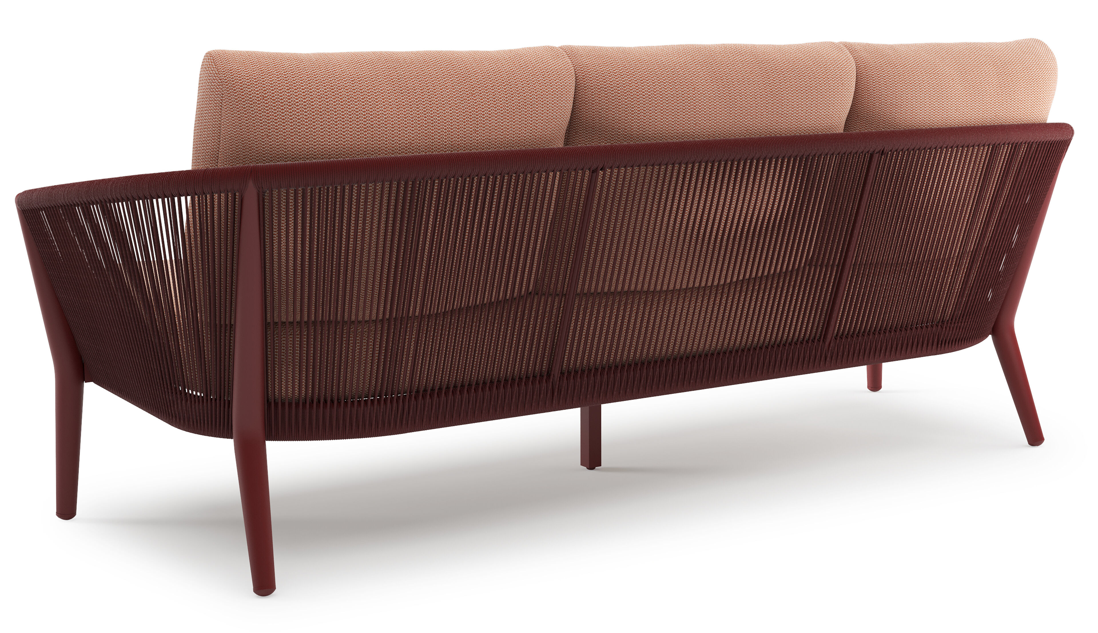 Orso loungebank in ruby aluminium en ruby verticaal geweven ronde rope met Lopi Fawn all weather sunbrella® luxe kussen
