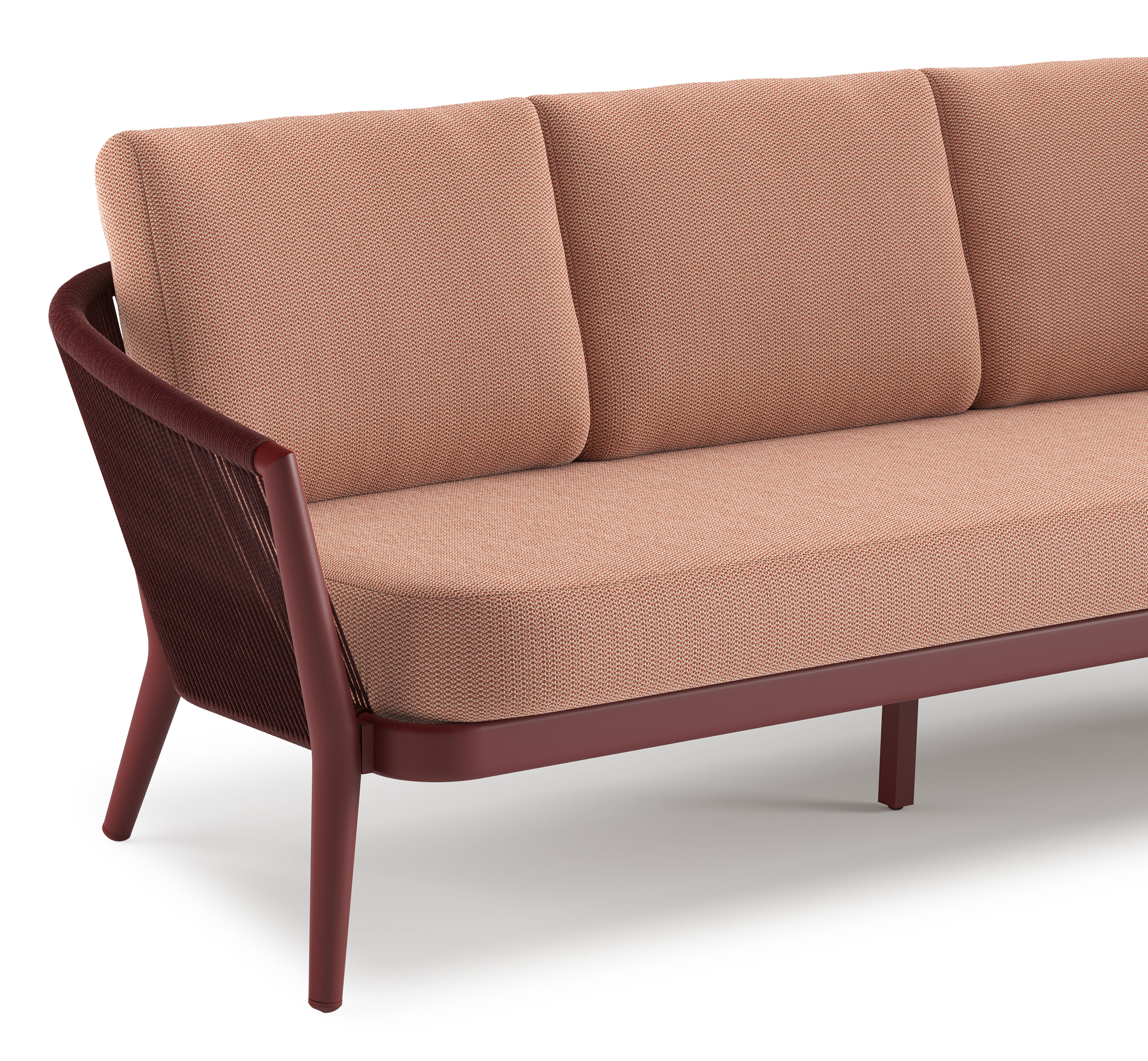Orso loungebank in ruby aluminium en ruby verticaal geweven ronde rope met Lopi Fawn all weather sunbrella® luxe kussen