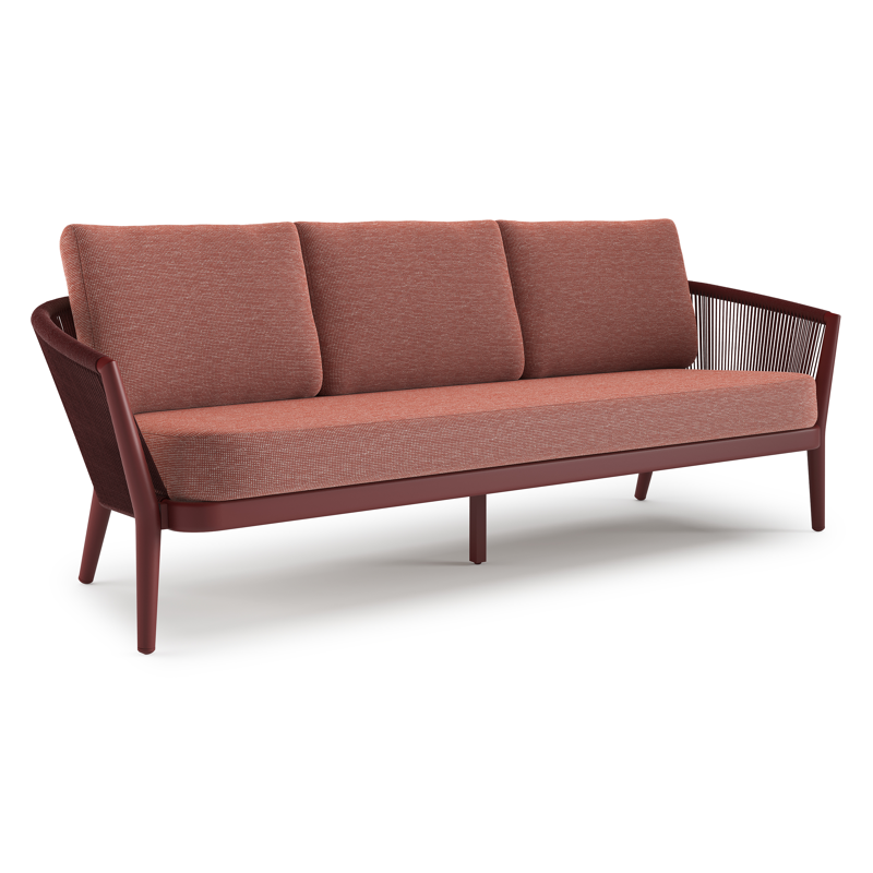 Orso loungebank in ruby aluminium en ruby verticaal geweven ronde rope met Slow Alezan all weather sunbrella® luxe kussen