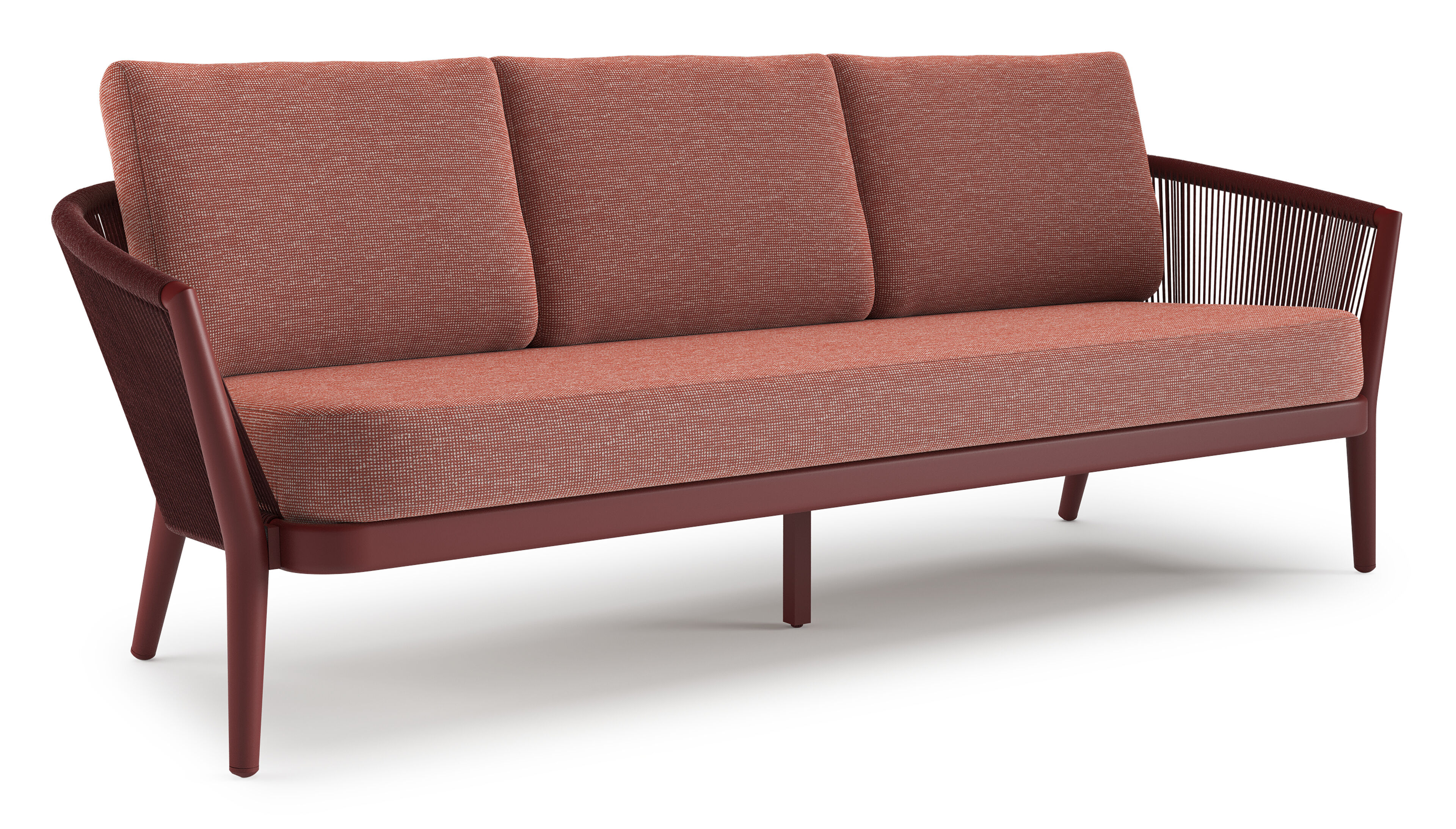 Orso loungebank in ruby aluminium en ruby verticaal geweven ronde rope met Slow Alezan all weather sunbrella® luxe kussen