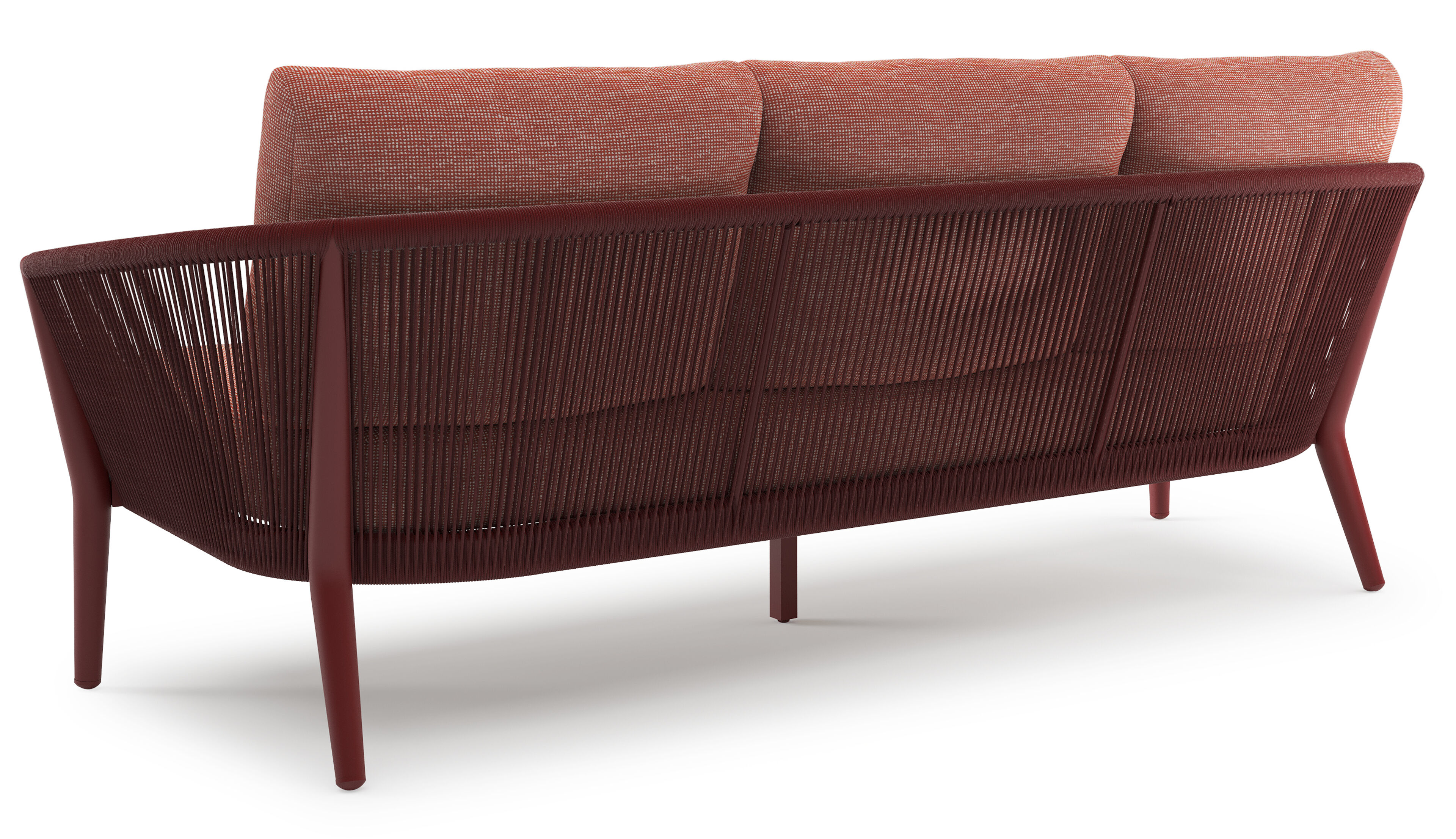 Orso loungebank in ruby aluminium en ruby verticaal geweven ronde rope met Slow Alezan all weather sunbrella® luxe kussen