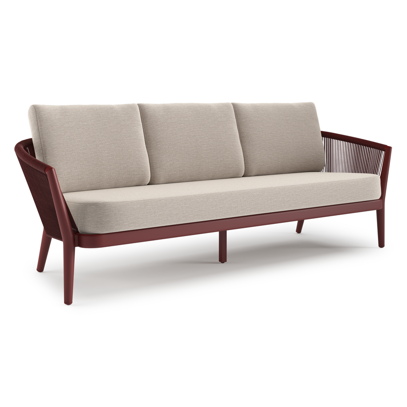 Orso loungebank in ruby aluminium en ruby verticaal geweven ronde rope met Slow Farafra all weather sunbrella® luxe kussen
