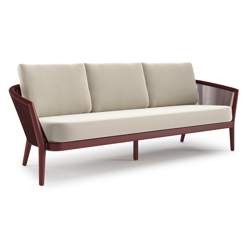 Orso loungebank in ruby aluminium en ruby verticaal geweven ronde rope met Lopi Marble all weather sunbrella® luxe kussen