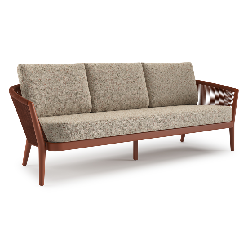 Orso loungebank in roestbruin aluminium en roestbruin verticaal geweven ronde rope met Bora Jungle all weather cosytica kussen