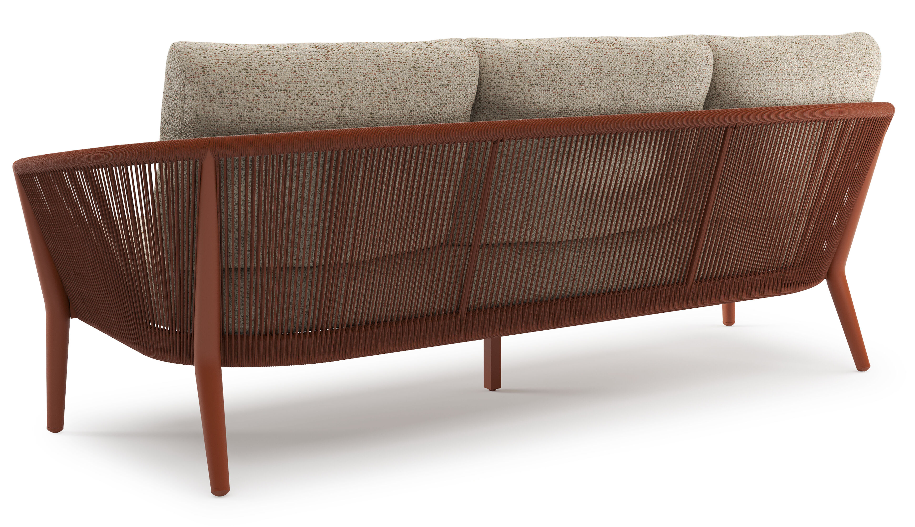 Orso loungebank in roestbruin aluminium en roestbruin verticaal geweven ronde rope met Bora Jungle all weather cosytica kussen