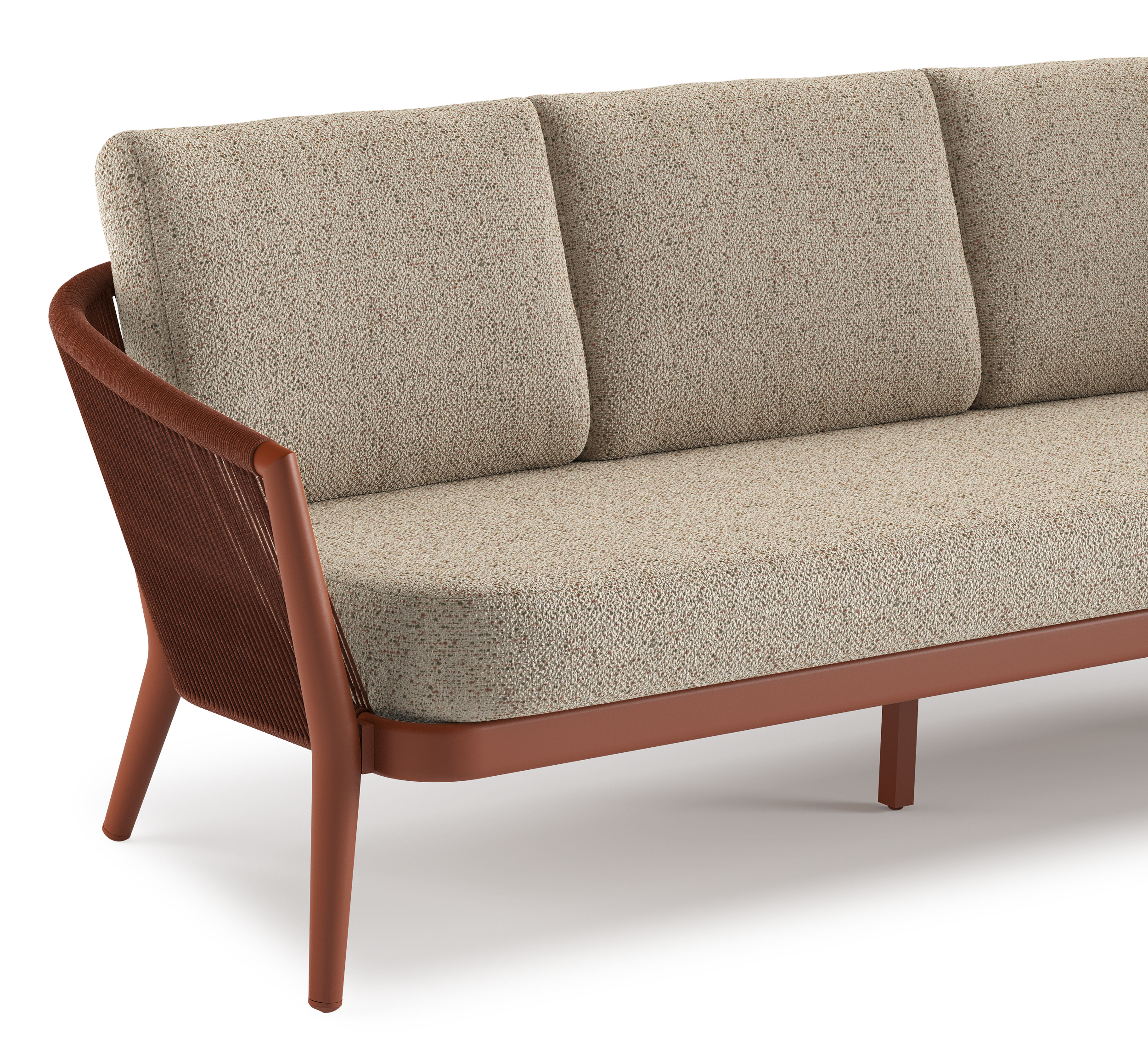 Orso loungebank in roestbruin aluminium en roestbruin verticaal geweven ronde rope met Bora Jungle all weather cosytica kussen