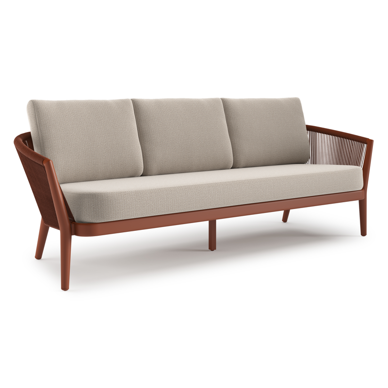 Orso loungebank in roestbruin aluminium en roestbruin verticaal geweven ronde rope met Lopi Fossil all weather sunbrella® luxe kussen
