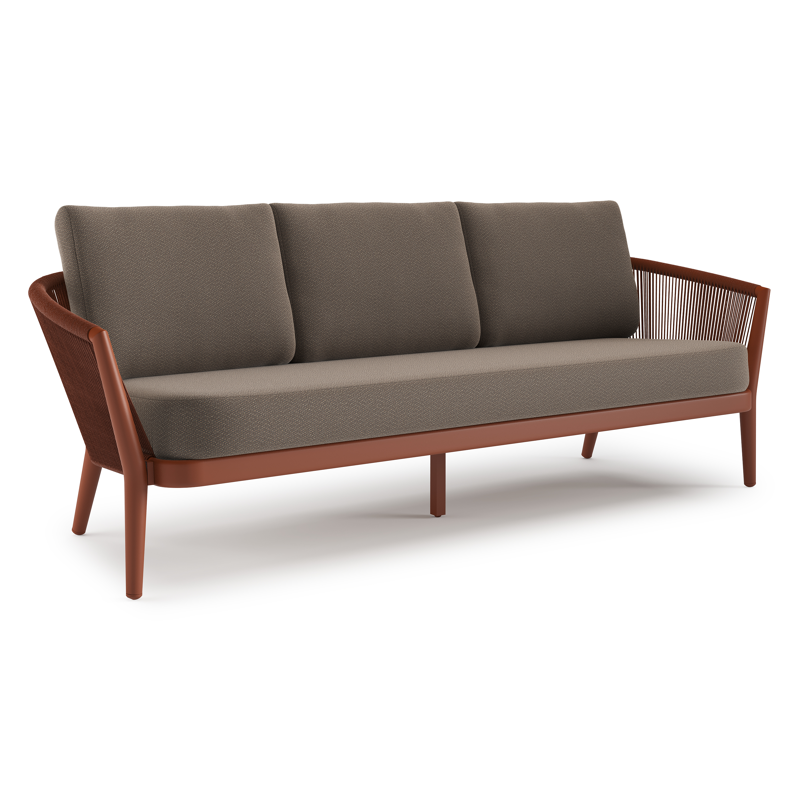 Orso loungebank in roestbruin aluminium en roestbruin verticaal geweven ronde rope met Lopi Coconut all weather sunbrella® luxe kussen