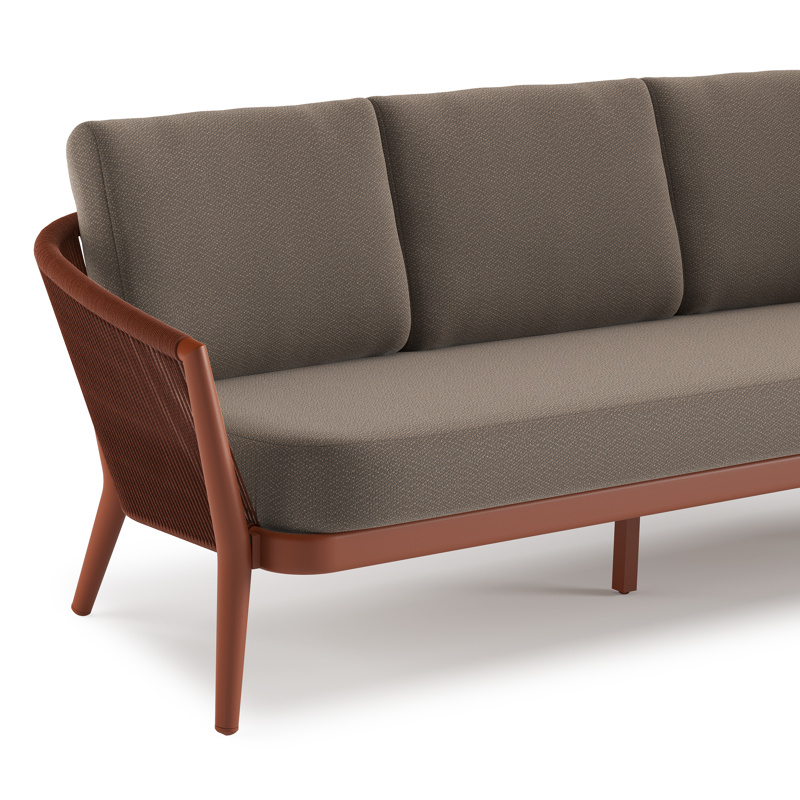 Orso loungebank in roestbruin aluminium en roestbruin verticaal geweven ronde rope met Lopi Coconut all weather sunbrella® luxe kussen