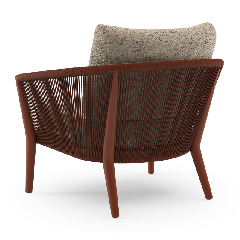 Orso loungestoel in roestbruin aluminium en roestbruin verticaal geweven ronde rope met Bora Jungle all weather cosytica kussen