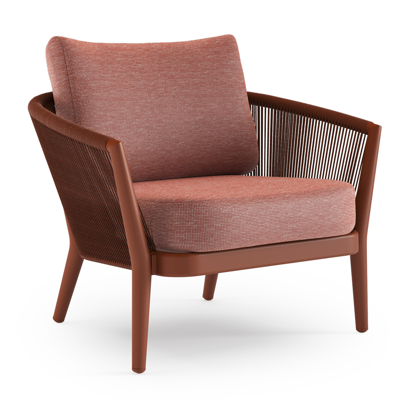 Orso loungestoel in roestbruin aluminium en roestbruin verticaal geweven ronde rope met Slow Alezan all weather sunbrella® luxe kussen