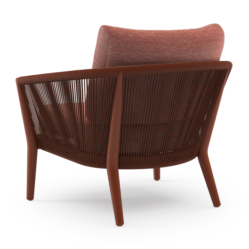 Orso loungestoel in roestbruin aluminium en roestbruin verticaal geweven ronde rope met Slow Alezan all weather sunbrella® luxe kussen