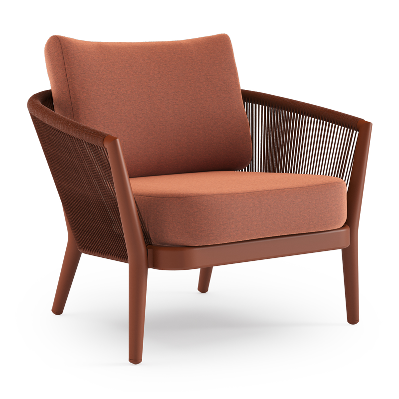 Orso loungestoel in roestbruin aluminium en roestbruin verticaal geweven ronde rope met Heritage Rust all weather sunbrella® luxe kussen