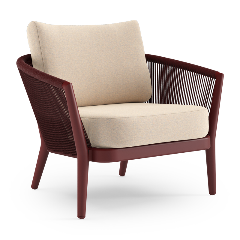 Orso loungestoel in ruby aluminium en ruby verticaal geweven ronde rope met Heritage Papyrus all weather sunbrella® luxe kussen