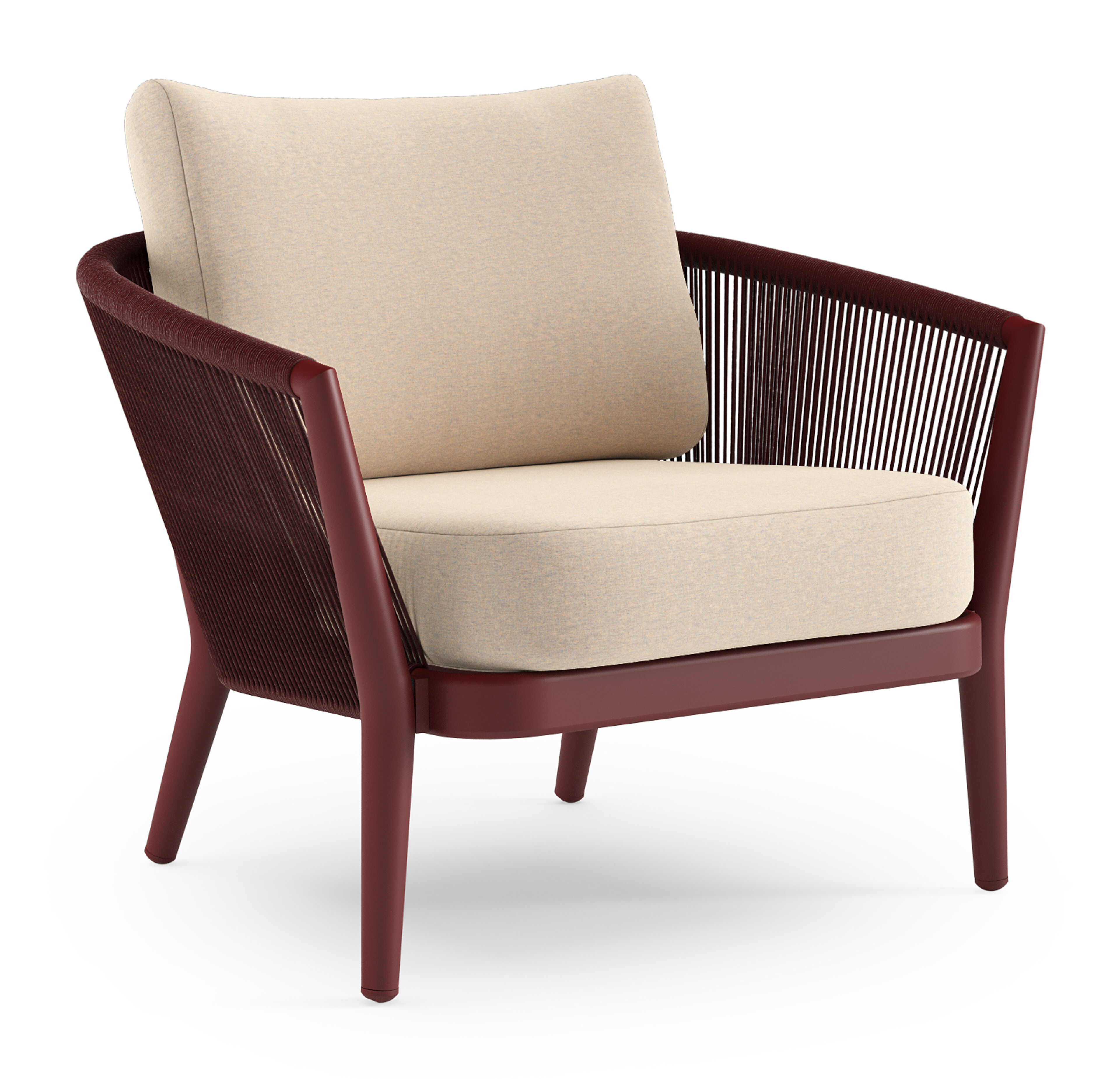 Orso loungestoel in ruby aluminium en ruby verticaal geweven ronde rope met Heritage Papyrus all weather sunbrella® luxe kussen