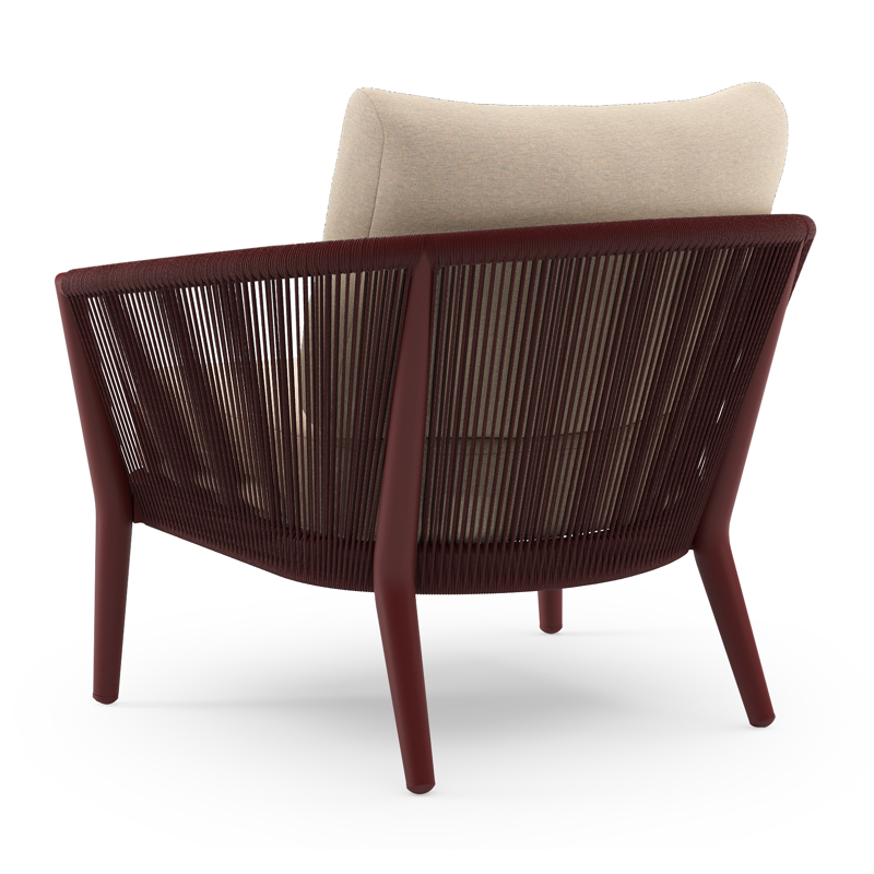 Orso loungestoel in ruby aluminium en ruby verticaal geweven ronde rope met Heritage Papyrus all weather sunbrella® luxe kussen