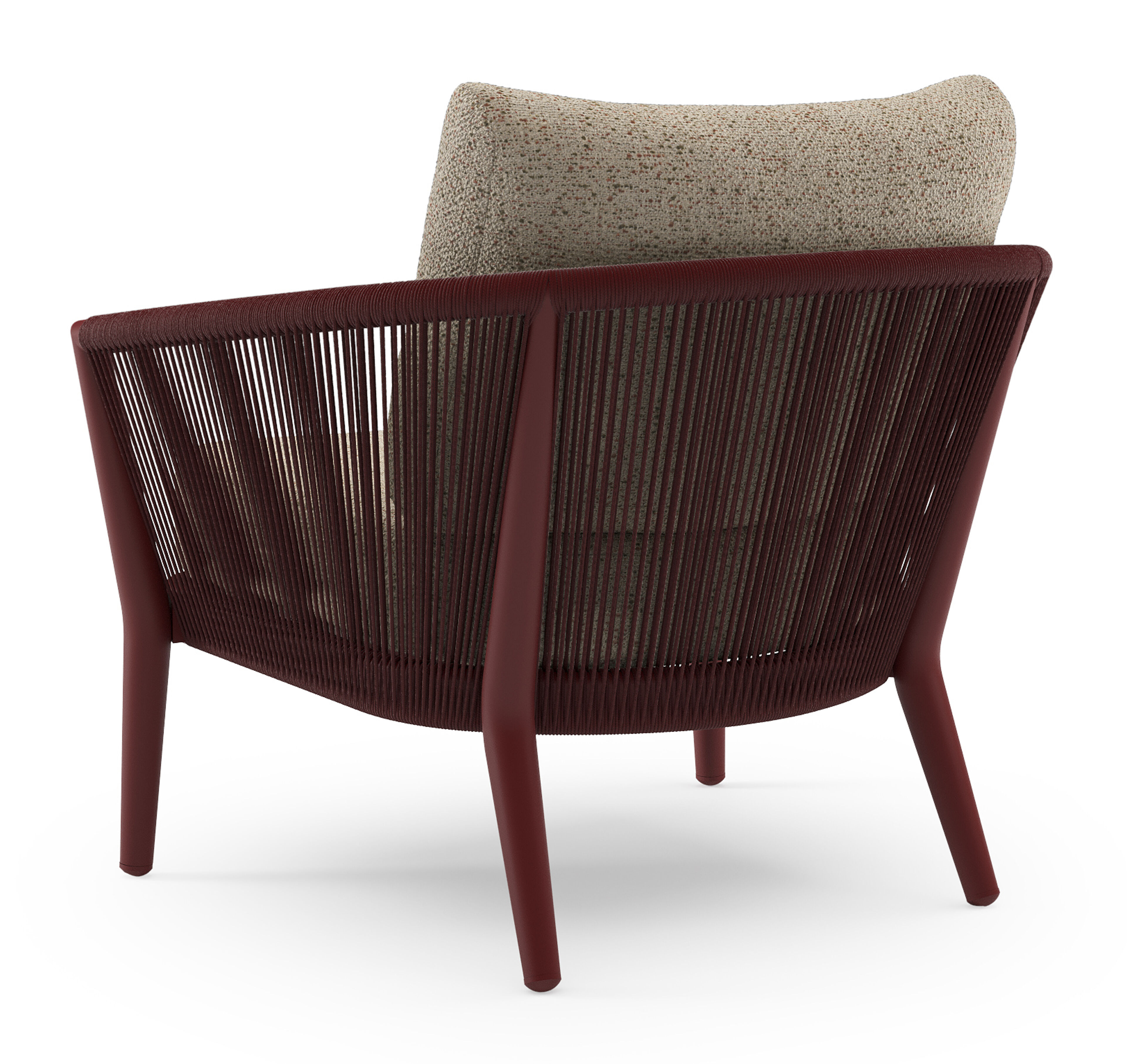Orso loungestoel in ruby aluminium en ruby verticaal geweven ronde rope met Bora Jungle all weather cosytica kussen