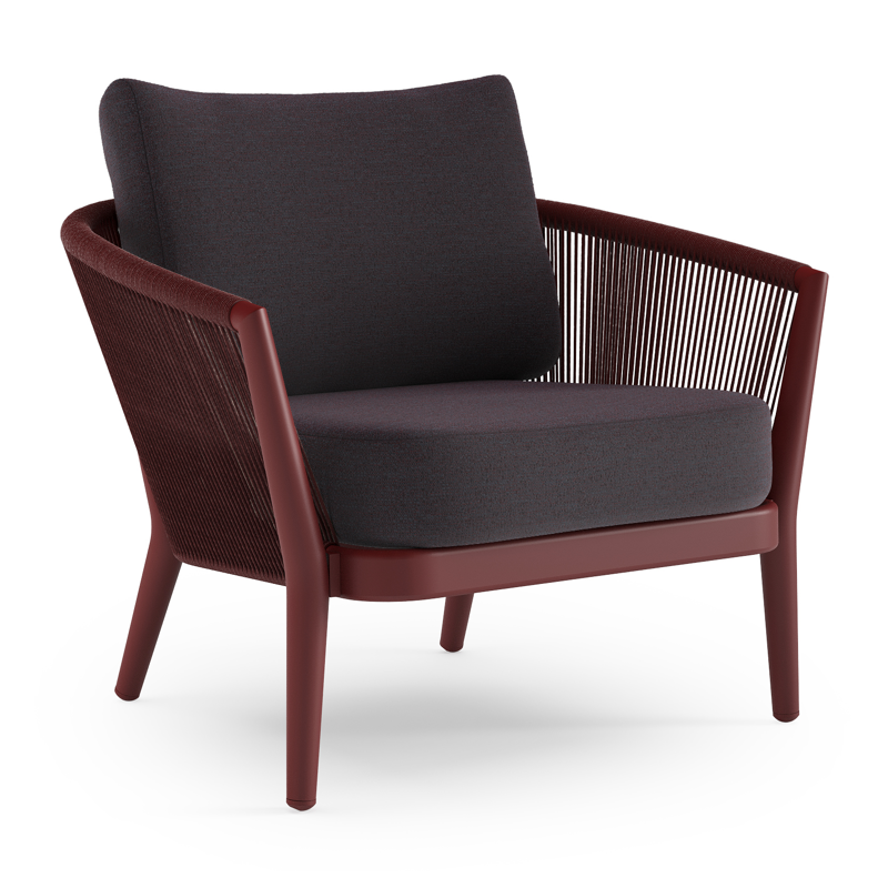 Orso loungestoel in ruby aluminium en ruby verticaal geweven ronde rope met Tundra Red all weather sunbrella® luxe kussen