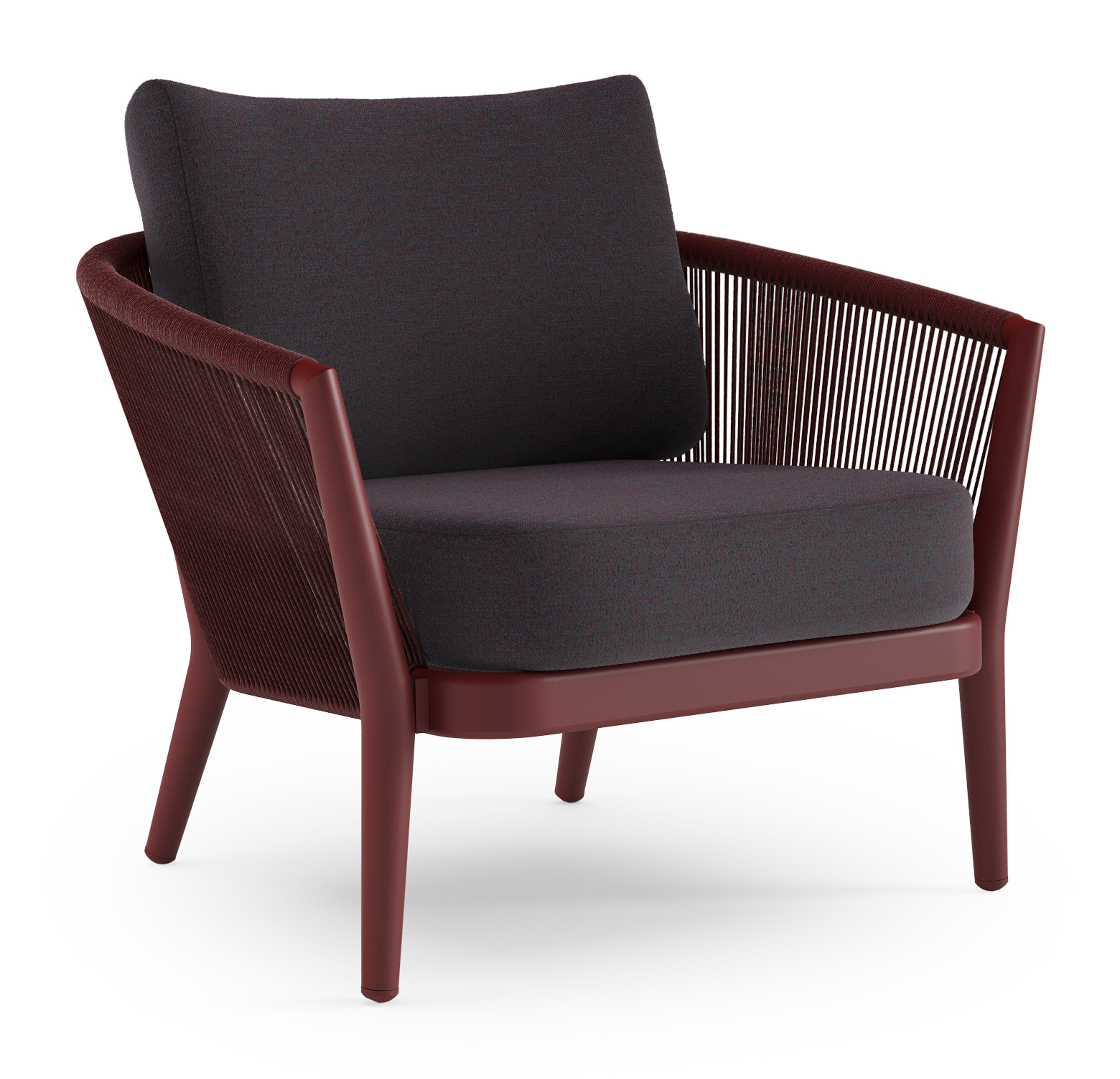 Orso loungestoel in ruby aluminium en ruby verticaal geweven ronde rope met Tundra Red all weather sunbrella® luxe kussen