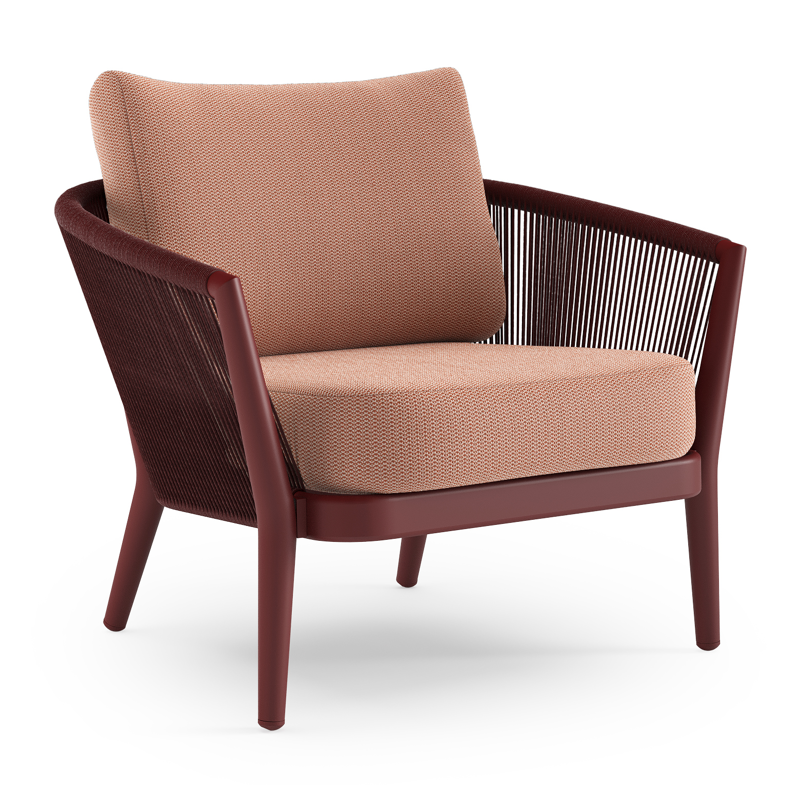 Orso loungestoel in ruby aluminium en ruby verticaal geweven ronde rope met Lopi Fawn all weather sunbrella® luxe kussen