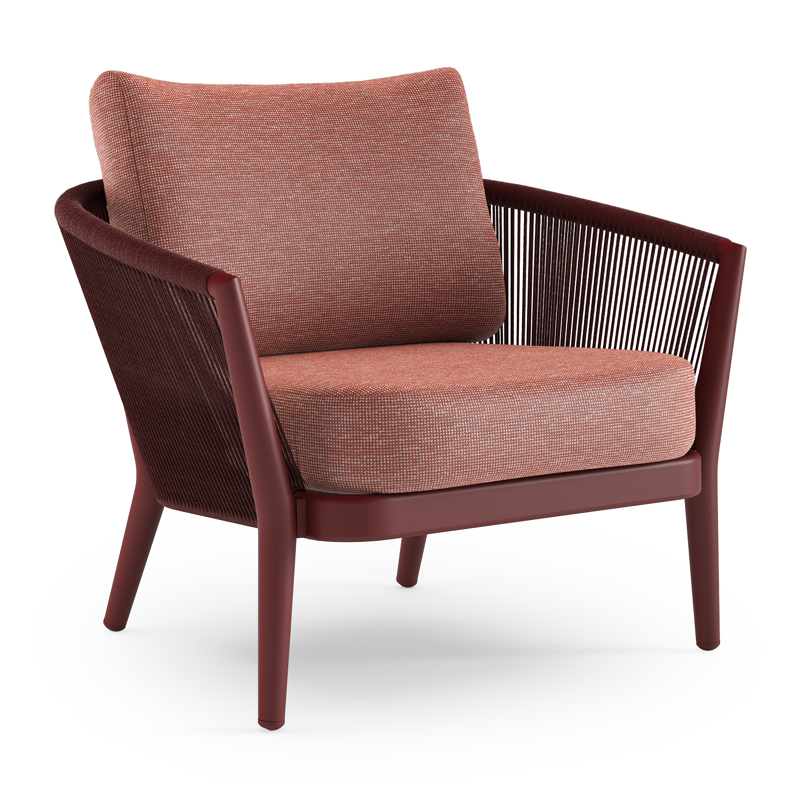Orso loungestoel in ruby aluminium en ruby verticaal geweven ronde rope met Slow Alezan all weather sunbrella® luxe kussen