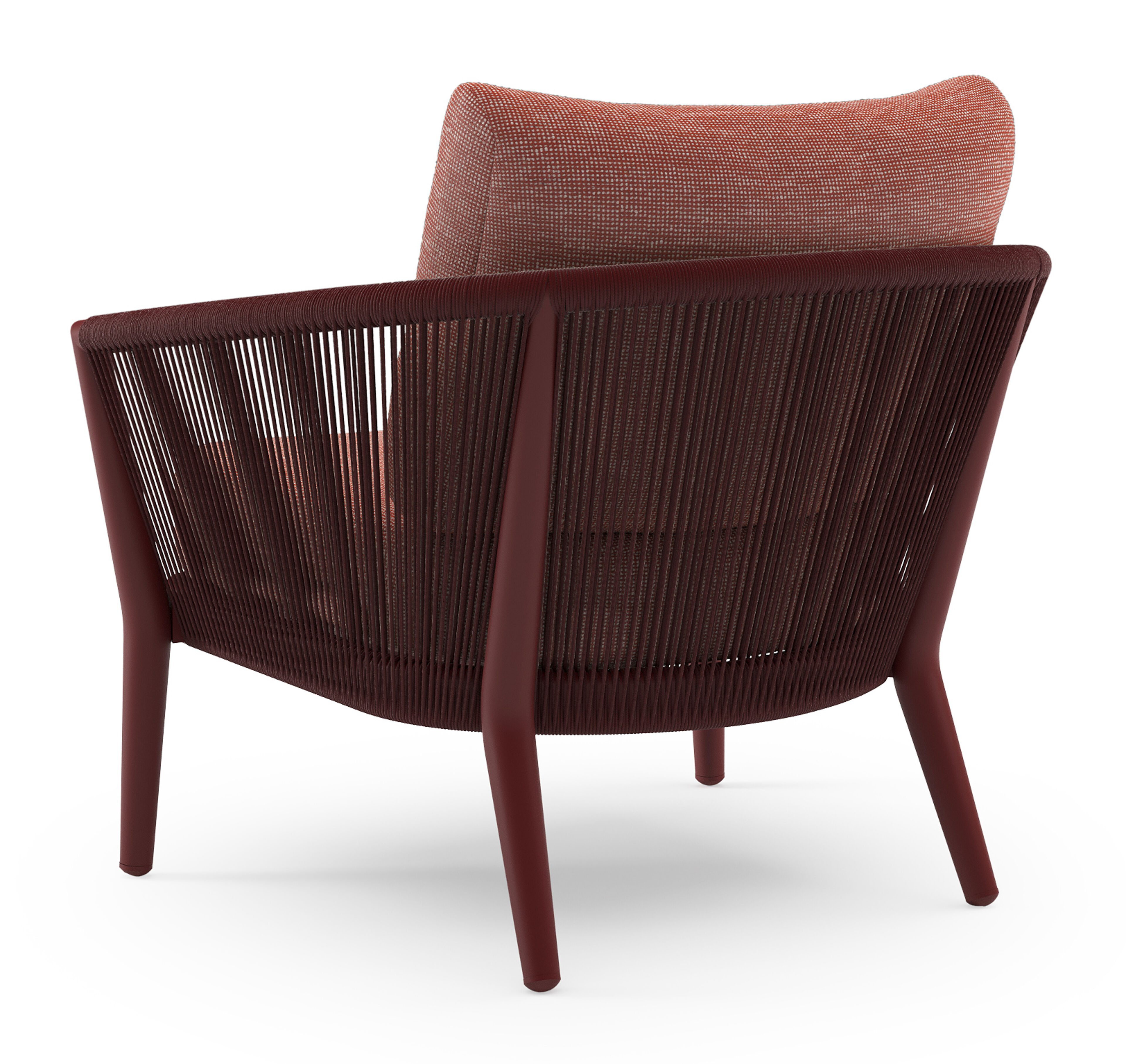 Orso loungestoel in ruby aluminium en ruby verticaal geweven ronde rope met Slow Alezan all weather sunbrella® luxe kussen