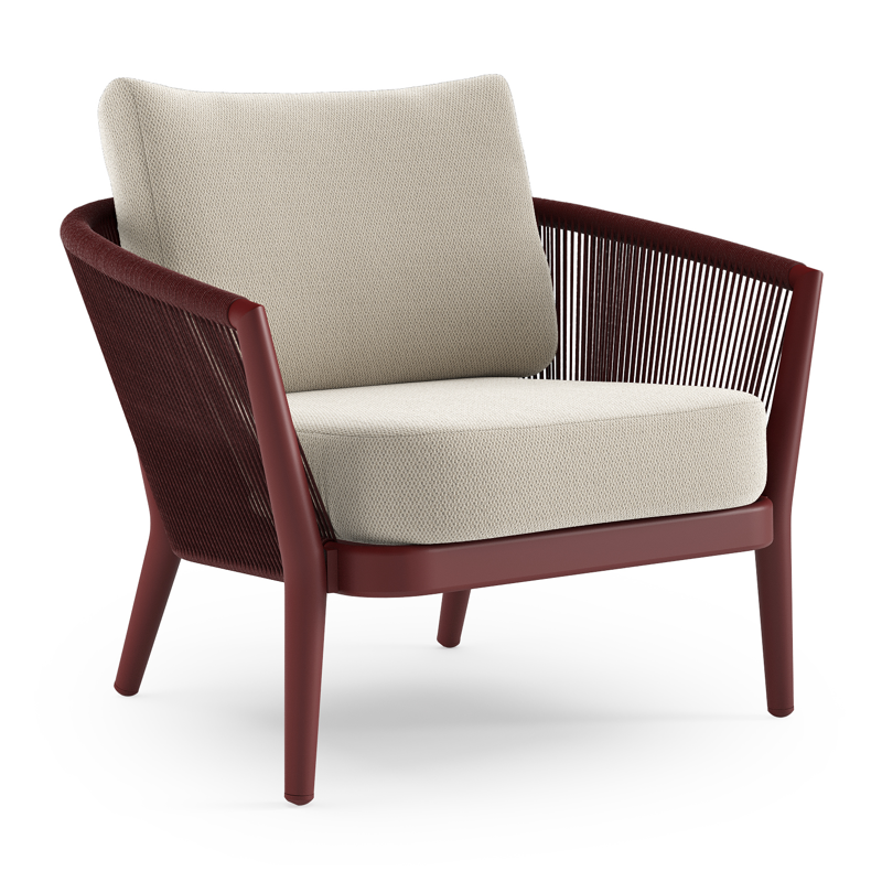 Orso loungestoel in ruby aluminium en ruby verticaal geweven ronde rope met Lopi Marble all weather sunbrella® luxe kussen
