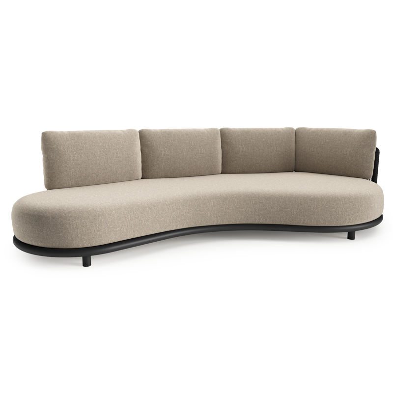 Canapé de jardin Lomano en aluminium noir et corde luxe plate tissée verticalement noir et coussins en all weather sunbrella® luxe chartres pewter