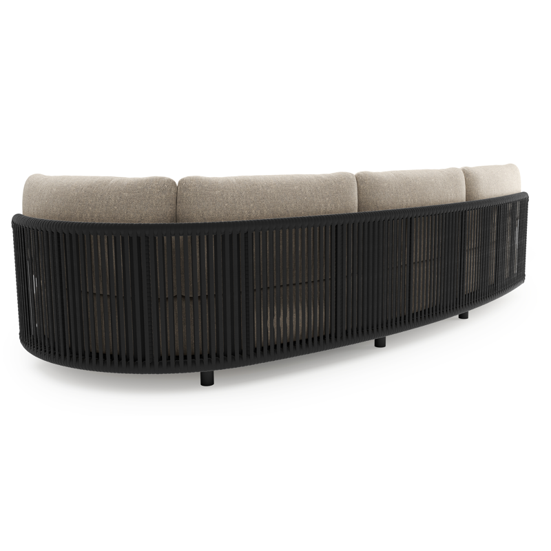 Canapé de jardin Lomano en aluminium noir et corde luxe plate tissée verticalement noir et coussins en all weather sunbrella® luxe chartres pewter