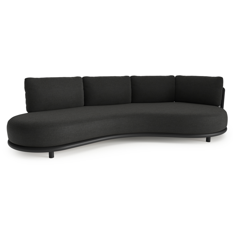 Lomano loungebank in zwart aluminium en zwart verticaal geweven luxe vlakke rope met chartres sooty all weather sunbrella® luxe kussen