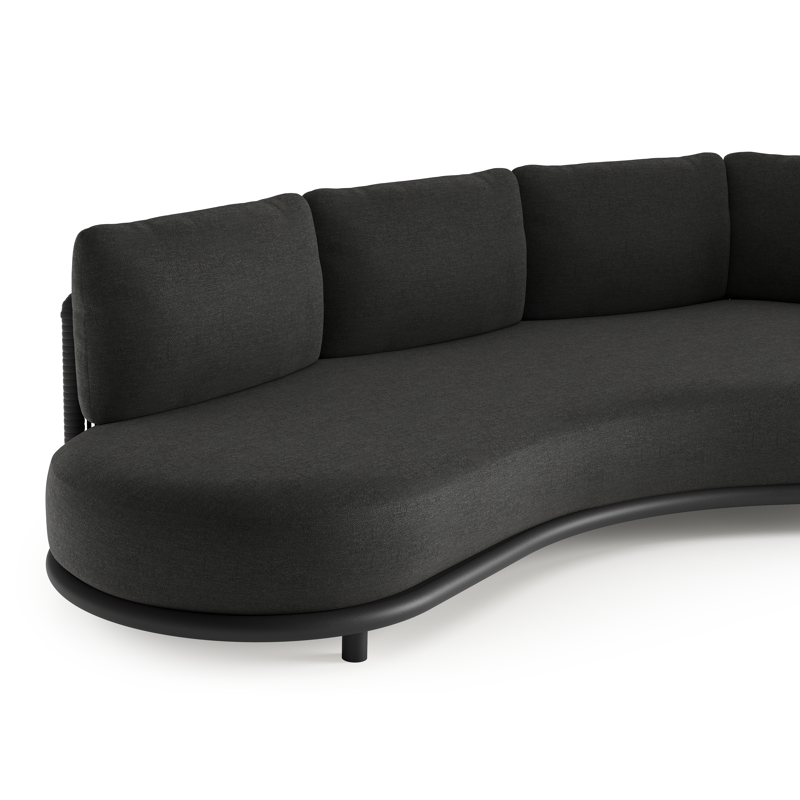Lomano loungebank in zwart aluminium en zwart verticaal geweven luxe vlakke rope met chartres sooty all weather sunbrella® luxe kussen