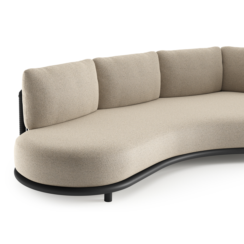 Lomano loungebank in zwart aluminium en zwart verticaal geweven luxe vlakke rope met marbella beige all weather cosytica kussen