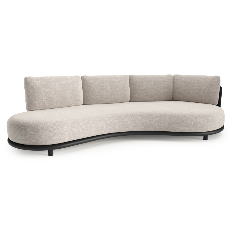 Lomano loungebank in zwart aluminium en zwart verticaal geweven luxe vlakke rope met tundra sand all weather sunbrella® luxe kussen