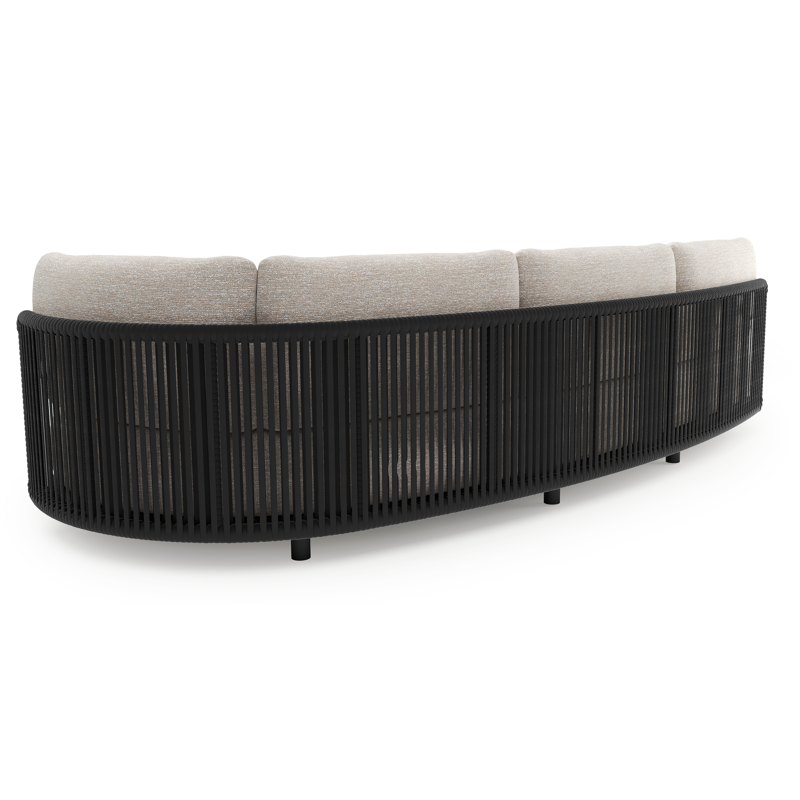 Lomano loungebank in zwart aluminium en zwart verticaal geweven luxe vlakke rope met tundra sand all weather sunbrella® luxe kussen