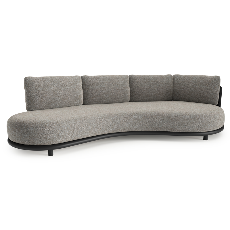 Lomano loungebank in zwart aluminium en zwart verticaal geweven luxe vlakke rope met tundra pepper all weather sunbrella® luxe kussen