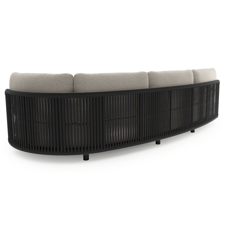 Lomano loungebank in zwart aluminium en zwart verticaal geweven luxe vlakke rope met firenze sand all weather solica kussen
