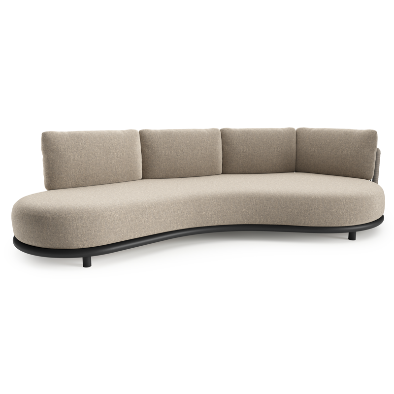 Canapé de jardin Lomano en aluminium noir et corde luxe plate tissée verticalement beige et coussins en all weather sunbrella® luxe chartres pewter