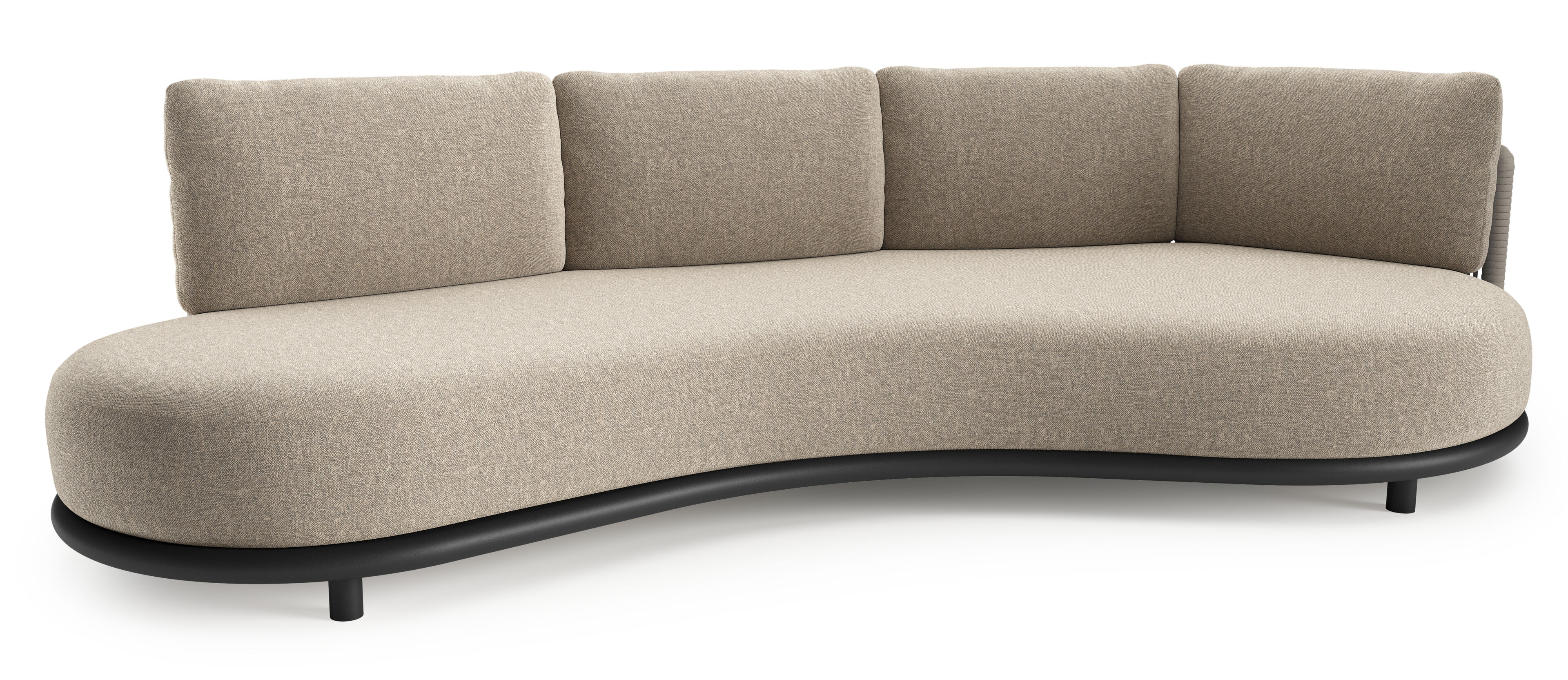 Lomano loungebank in zwart aluminium en beige verticaal geweven luxe vlakke rope met chartres pewter all weather sunbrella® luxe kussen