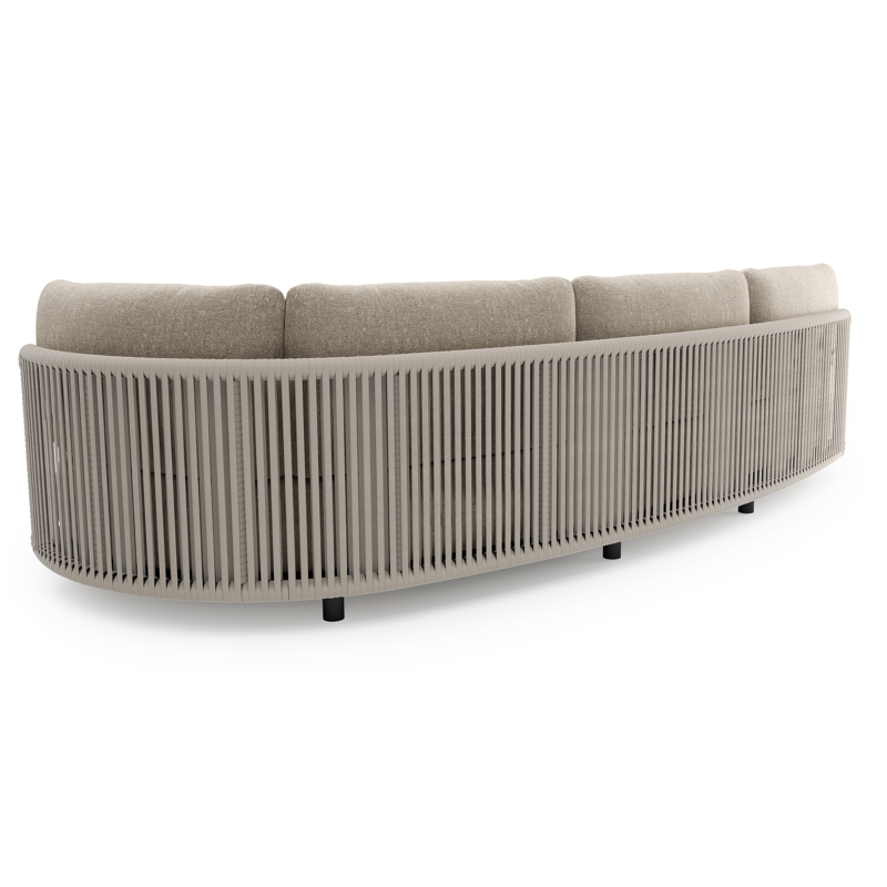 Canapé de jardin Lomano en aluminium noir et corde luxe plate tissée verticalement beige et coussins en all weather sunbrella® luxe chartres pewter